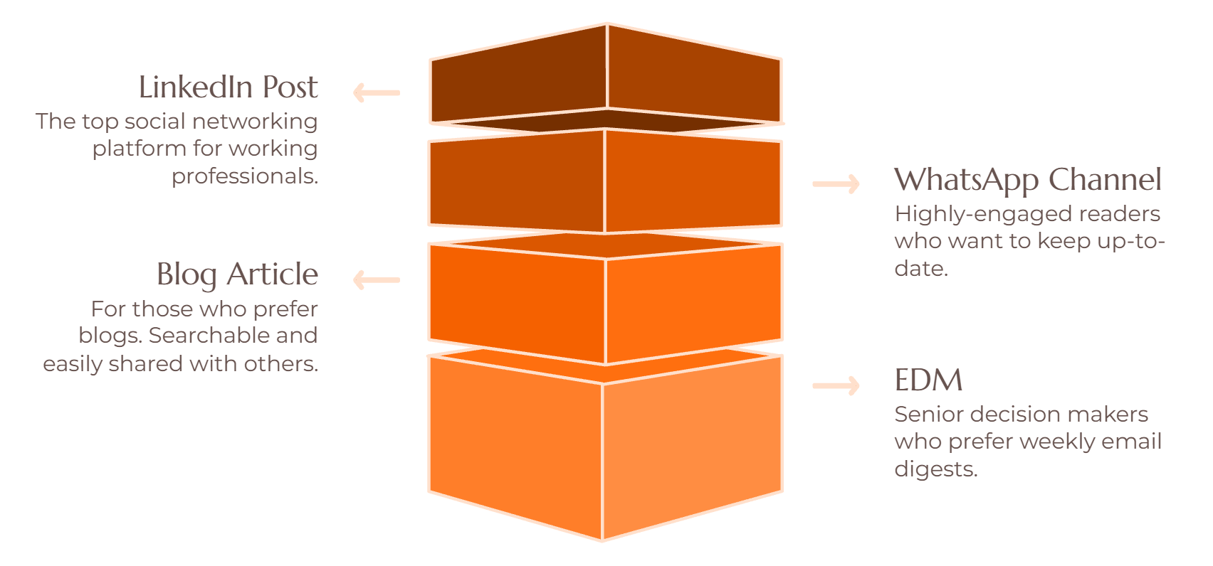 Channels: LinkedIn Post, Blog Article, WhatsApp Channel, EDM